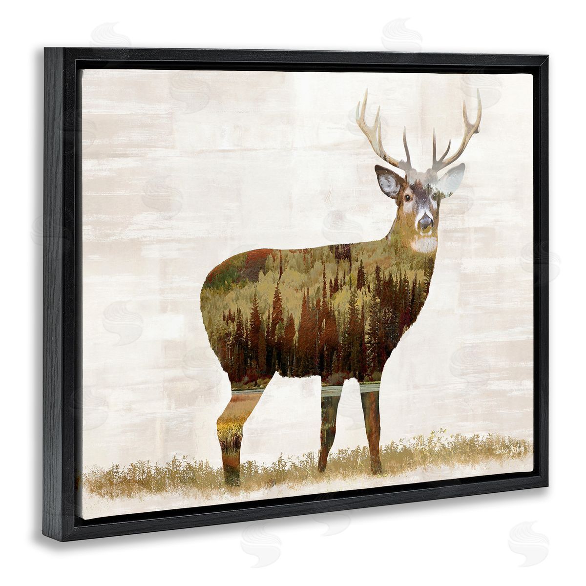Forest Pattern Deer Black Floating Frame Canvas Wall Art, Home Decor by Amber Sterling