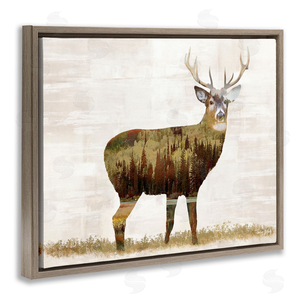 Forest Pattern Deer Brown Floating Frame Canvas Wall Art, Home Decor by Amber Sterling