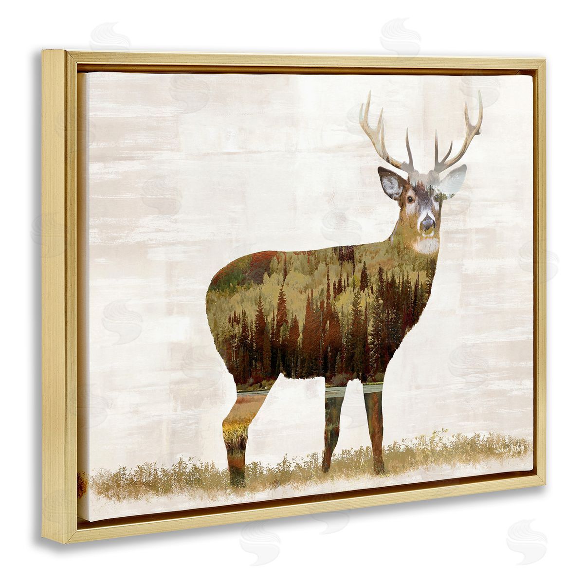 Forest Pattern Deer Gold Floating Frame Canvas Wall Art, Home Decor by Amber Sterling