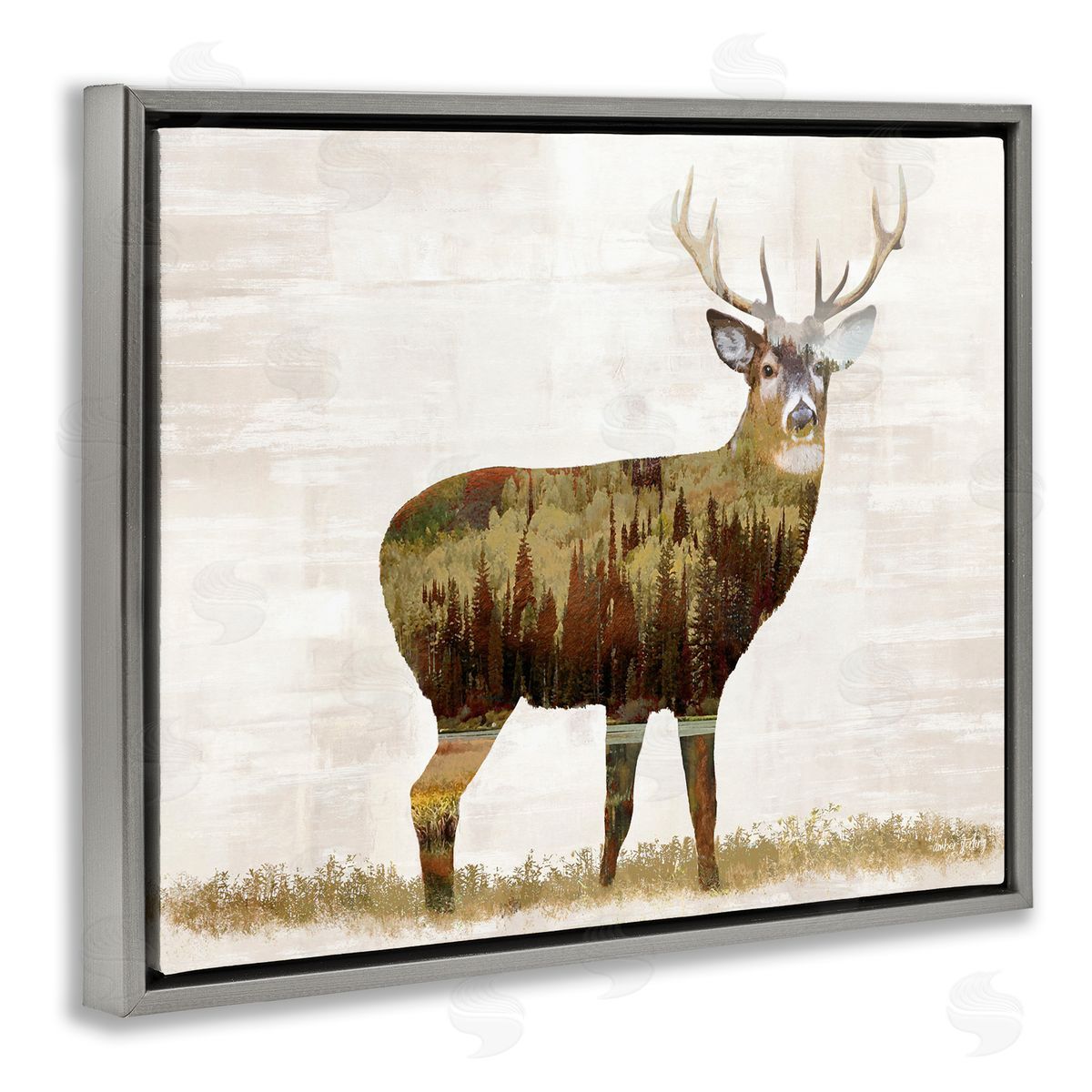 Forest Pattern Deer Grey Floating Frame Canvas Wall Art, Home Decor by Amber Sterling