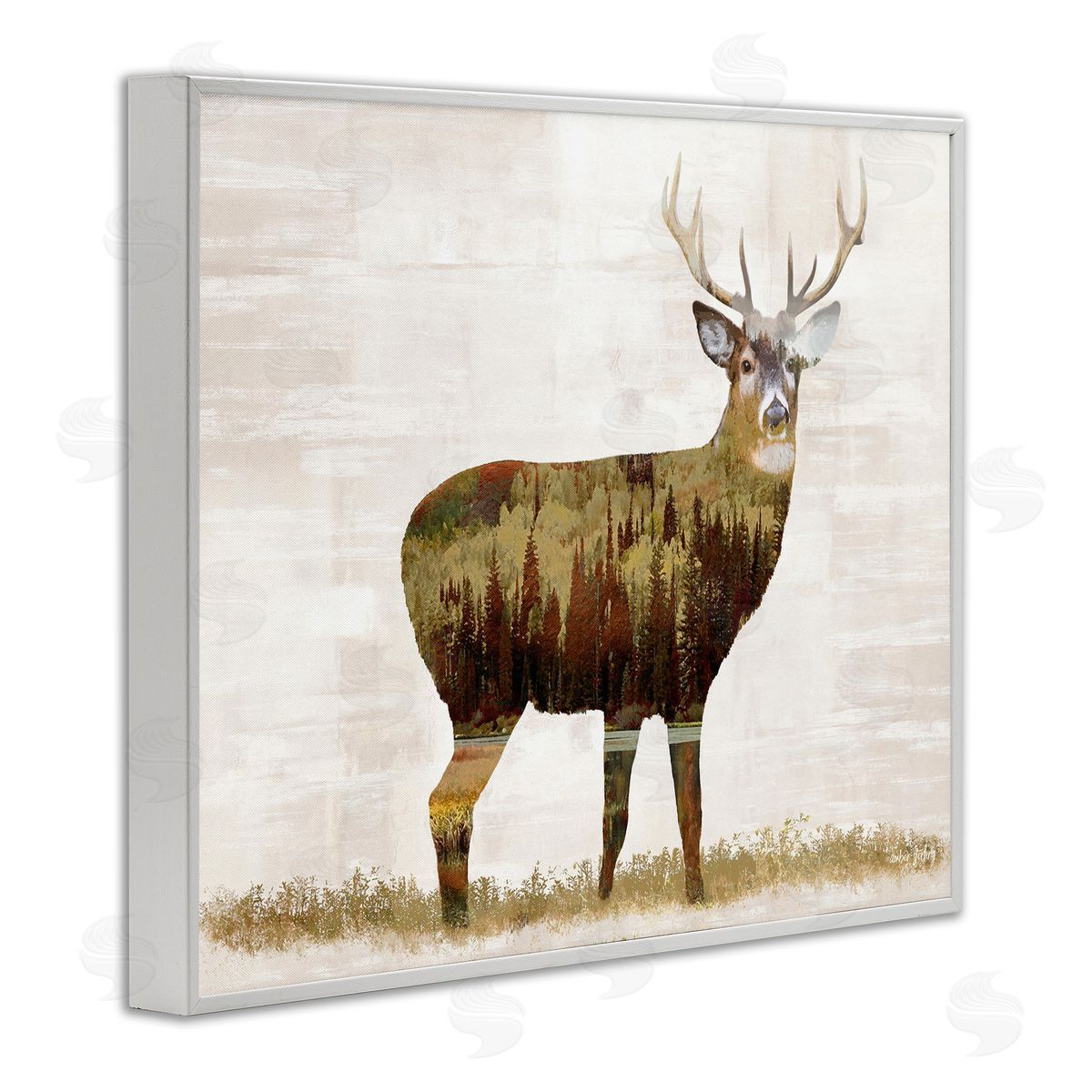 Forest Pattern Deer White Frame Print Wall Art, Home Decor by Amber Sterling