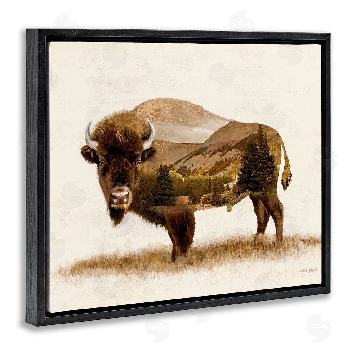 Nature Patterned Bison Black Floating Frame Canvas Wall Art, Home Decor by Amber Sterling