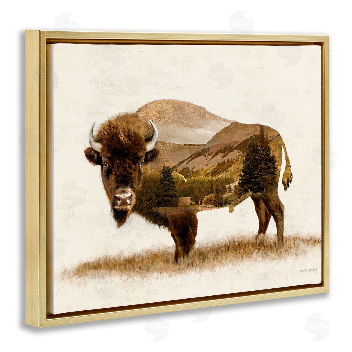 Nature Patterned Bison Gold Floating Frame Canvas Wall Art, Home Decor by Amber Sterling