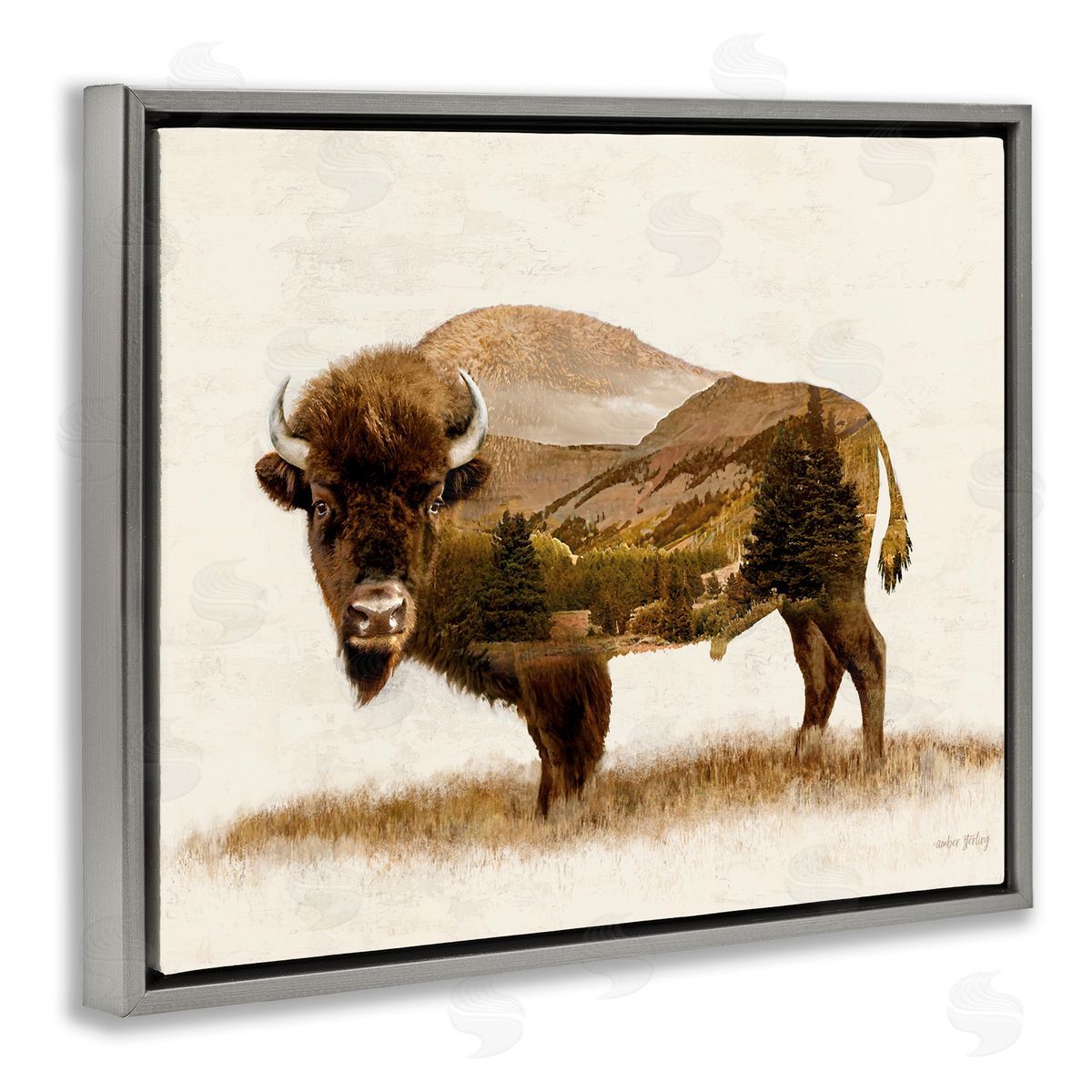 Nature Patterned Bison Grey Floating Frame Canvas Wall Art, Home Decor by Amber Sterling