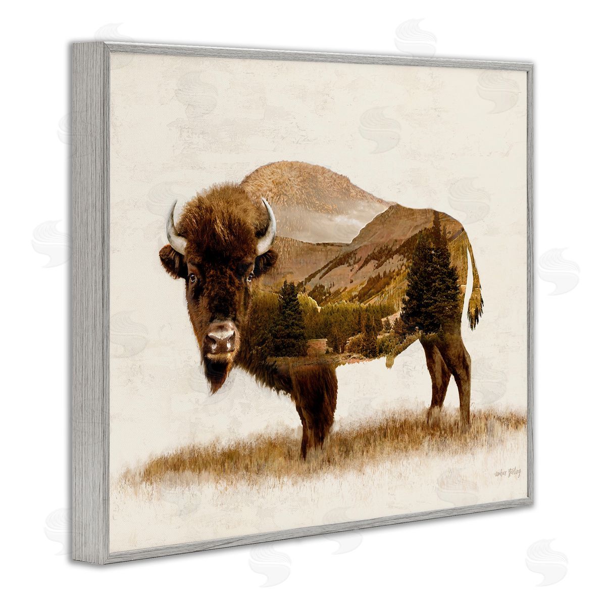 Nature Patterned Bison Grey Frame Print Wall Art, Home Decor by Amber Sterling