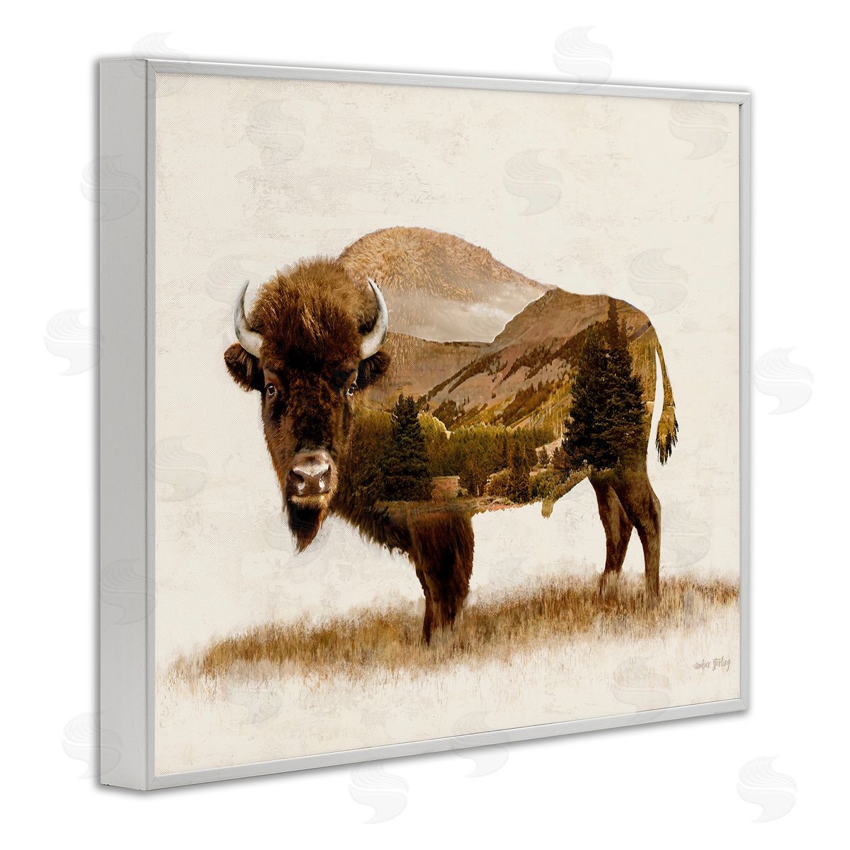 Nature Patterned Bison White Frame Print Wall Art, Home Decor by Amber Sterling