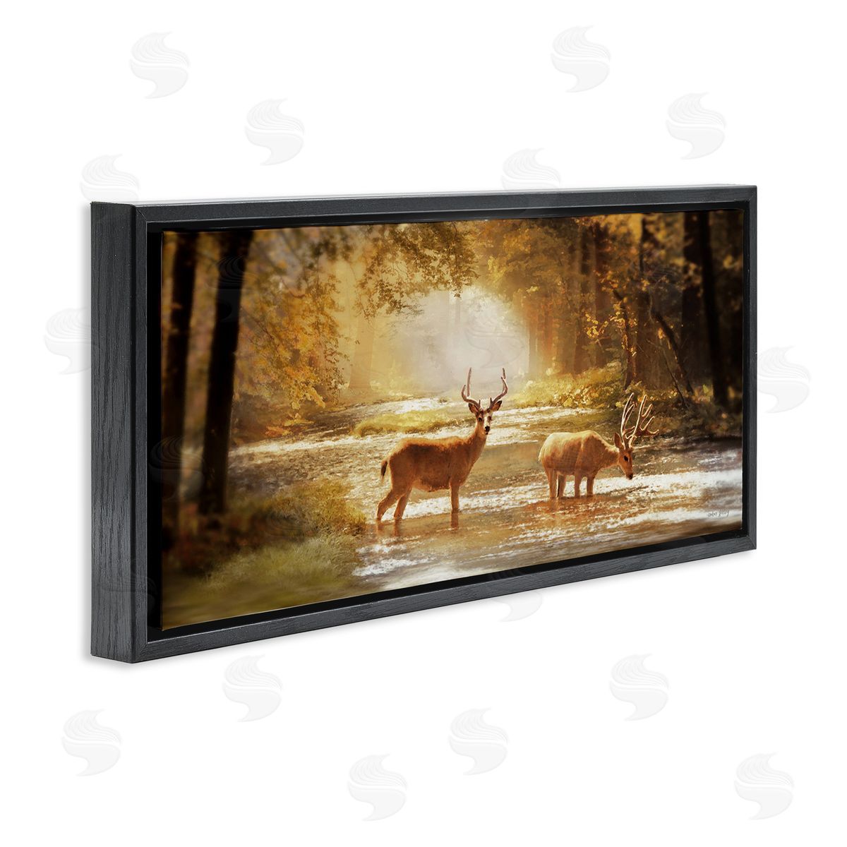 Deer in Sunlit Grove Black Floating Frame Canvas Wall Art, Home Decor by Amber Sterling