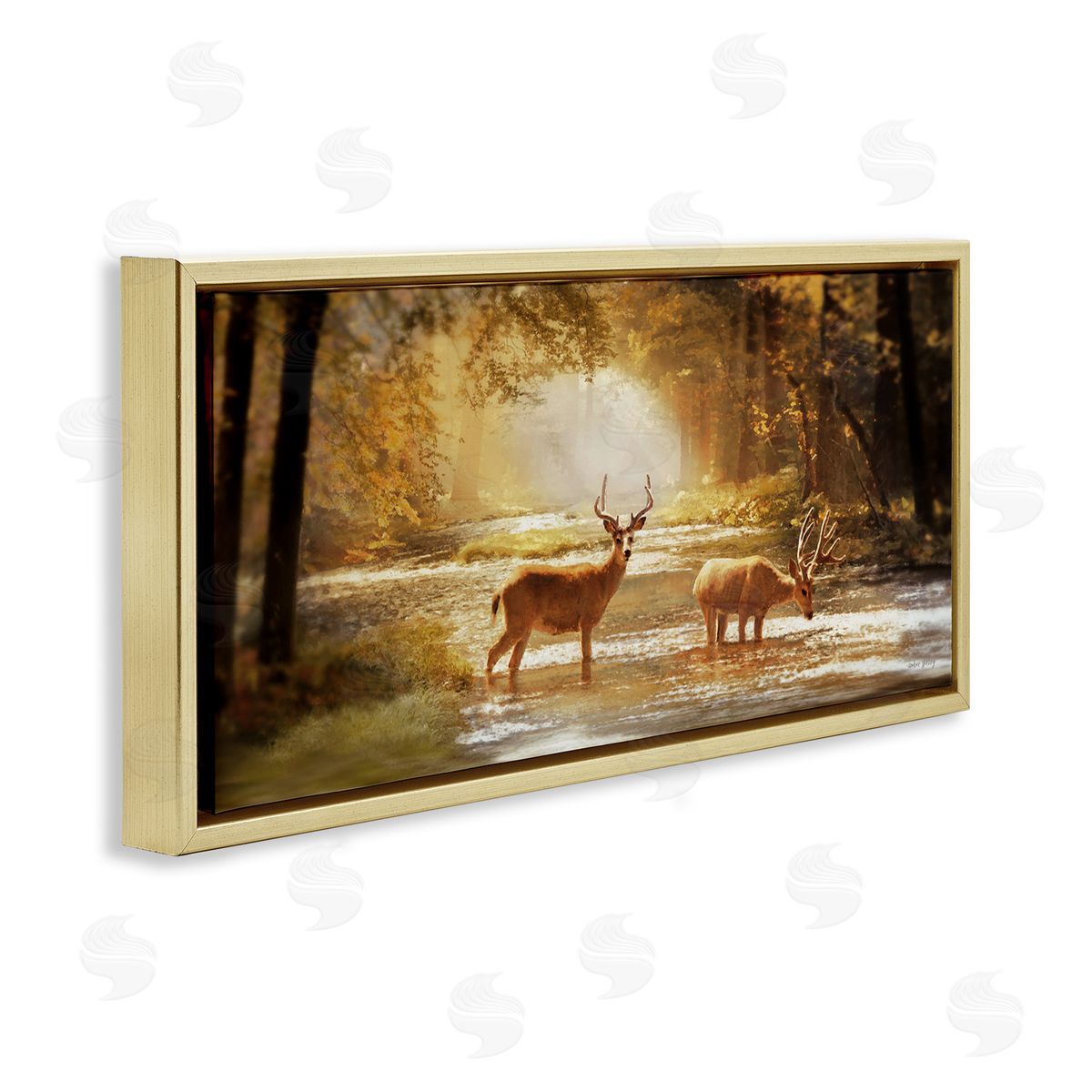 Deer in Sunlit Grove Gold Floating Frame Canvas Wall Art, Home Decor by Amber Sterling
