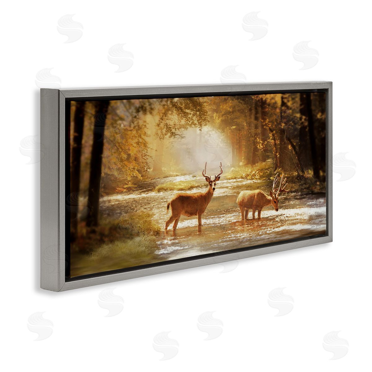 Deer in Sunlit Grove Grey Floating Frame Canvas Wall Art, Home Decor by Amber Sterling