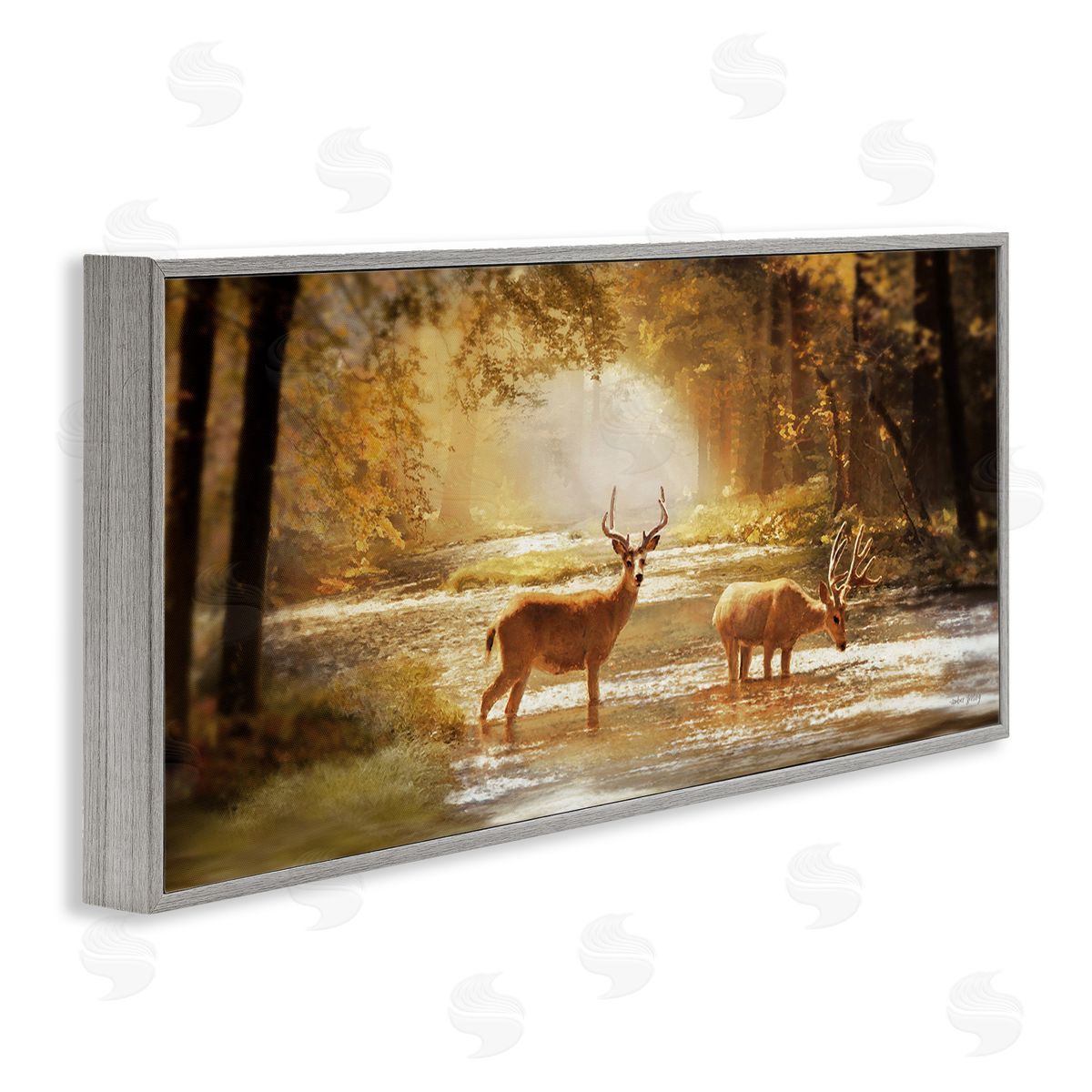 Deer in Sunlit Grove Grey Frame Print Wall Art, Home Decor by Amber Sterling