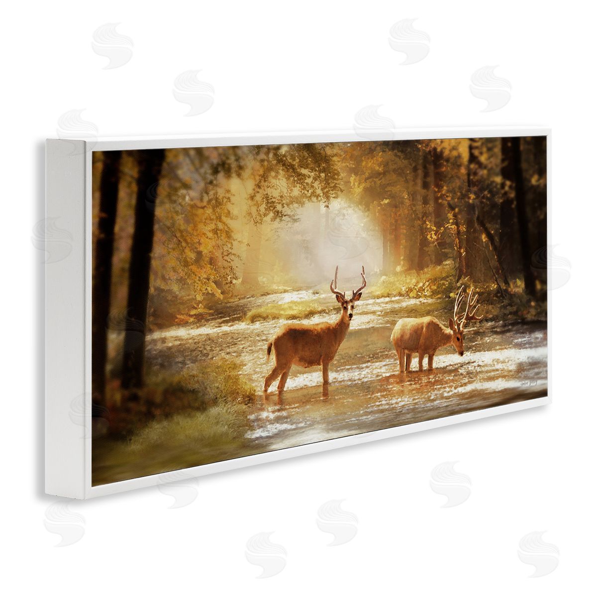 Deer in Sunlit Grove White Frame Print Wall Art, Home Decor by Amber Sterling