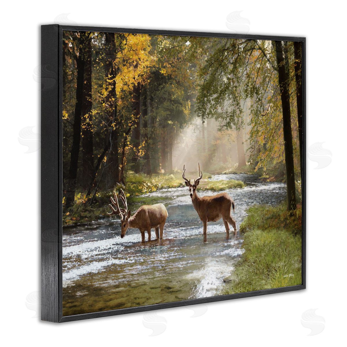 Deer Grazing in Creek Black Frame Print Wall Art, Home Decor by Amber Sterling