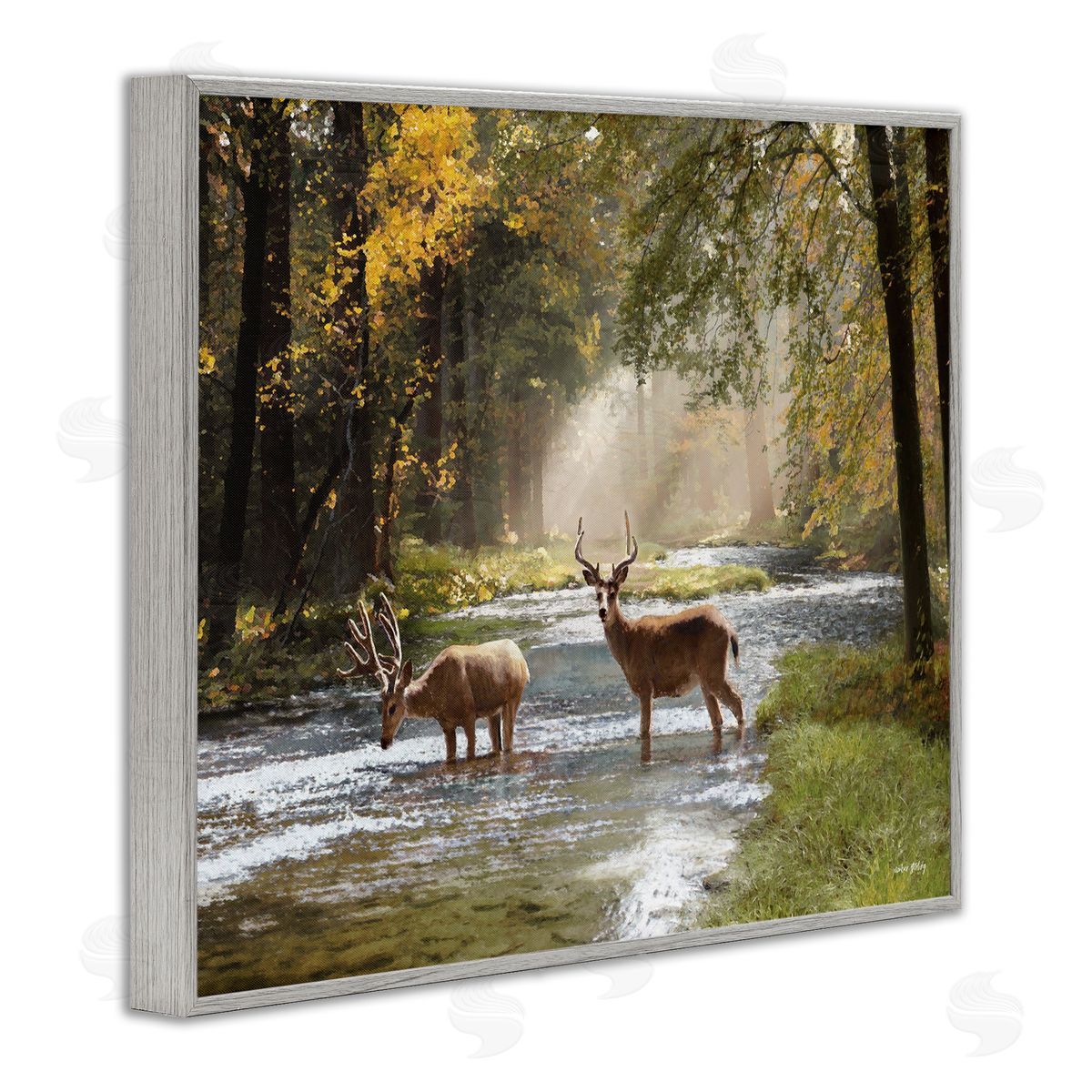 Deer Grazing in Creek Grey Frame Print Wall Art, Home Decor by Amber Sterling