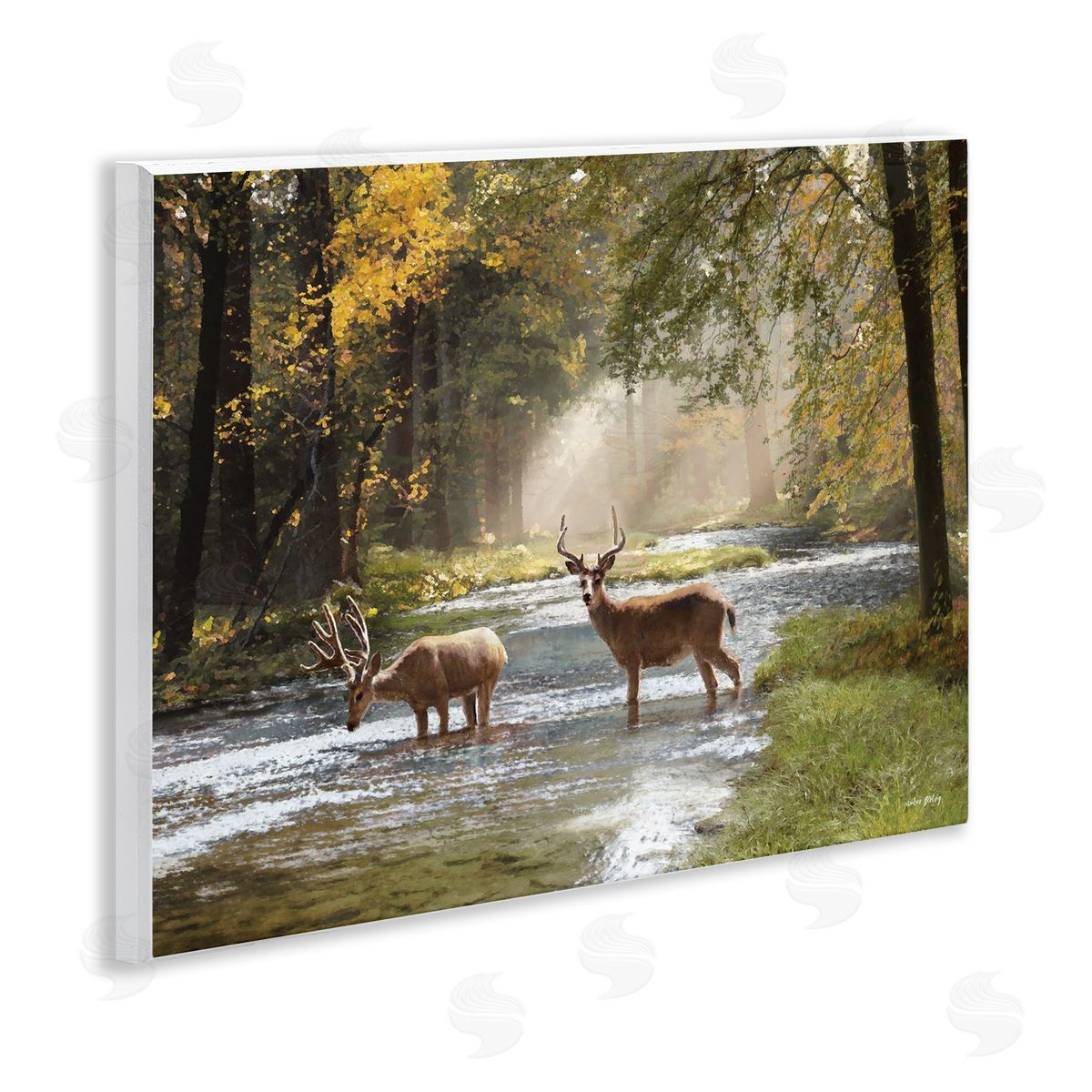 Deer Grazing in Creek Wood Plaque Wall Art, Home Decor by Amber Sterling
