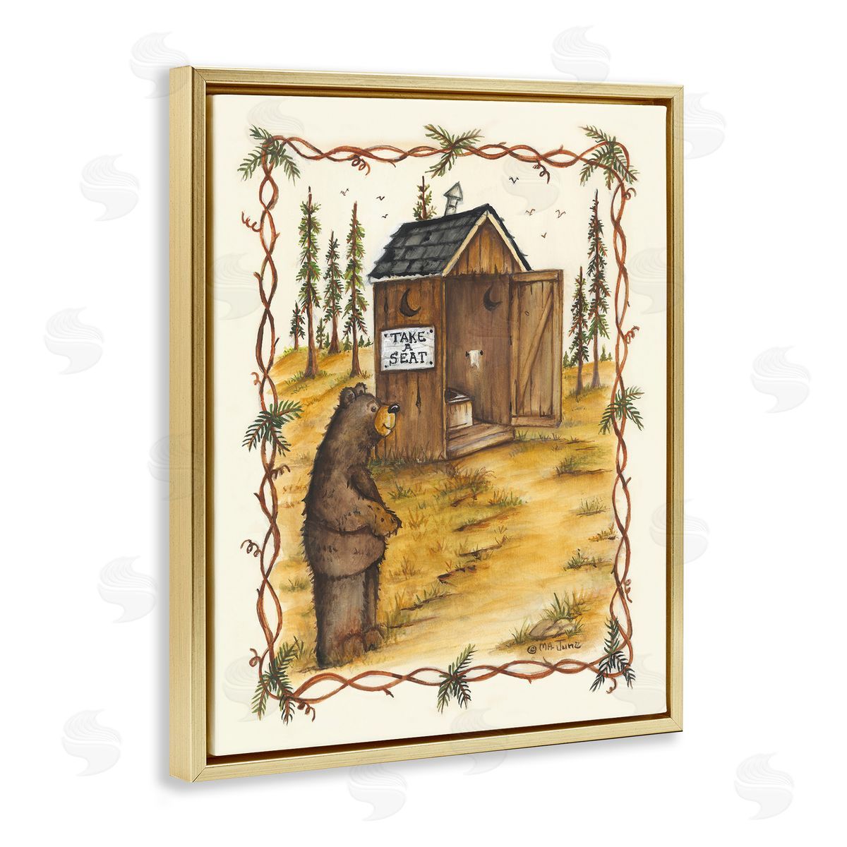 Take A Seat Outhouse Gold Floating Frame Canvas Wall Art, Home Decor by Mary Ann June