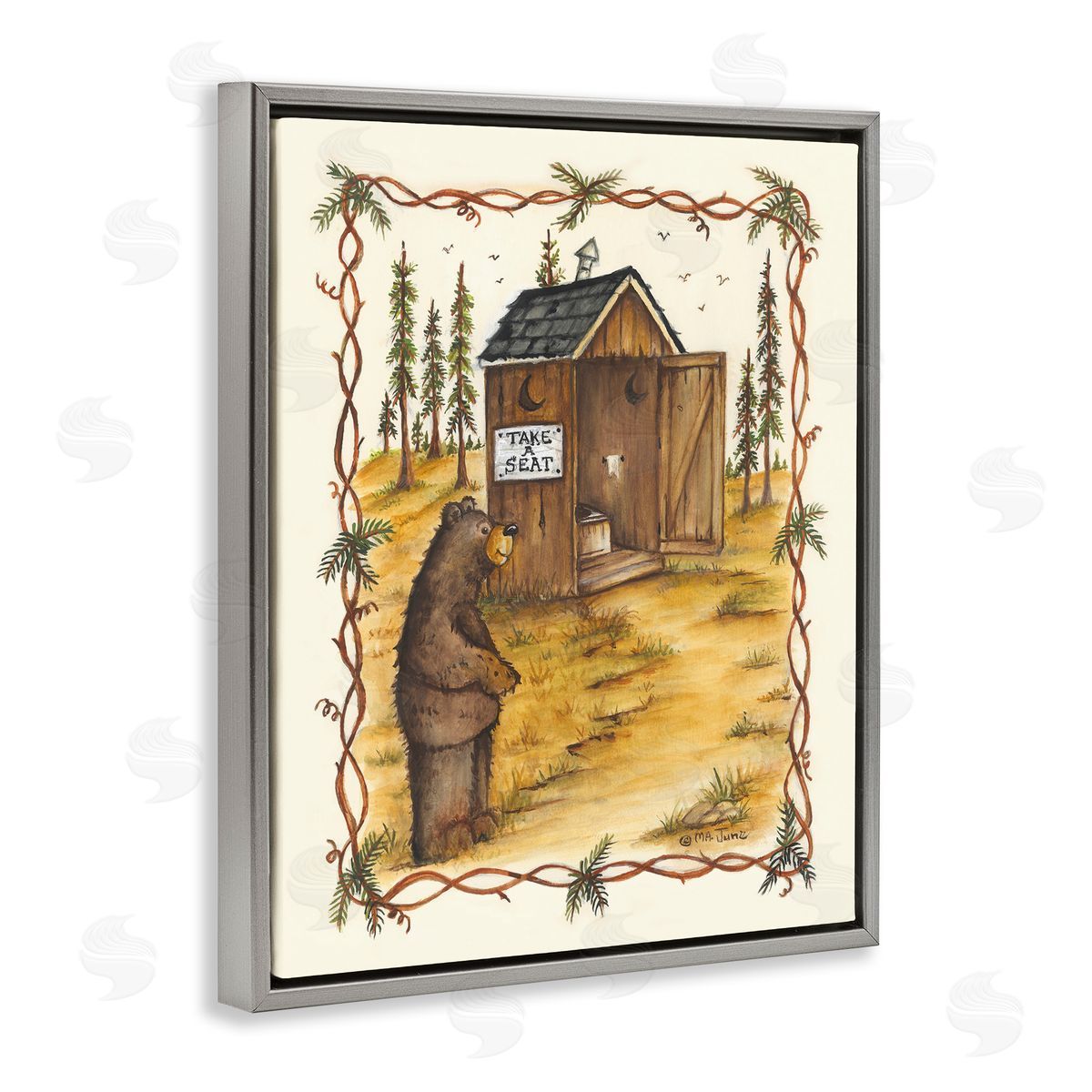 Take A Seat Outhouse Grey Floating Frame Canvas Wall Art, Home Decor by Mary Ann June