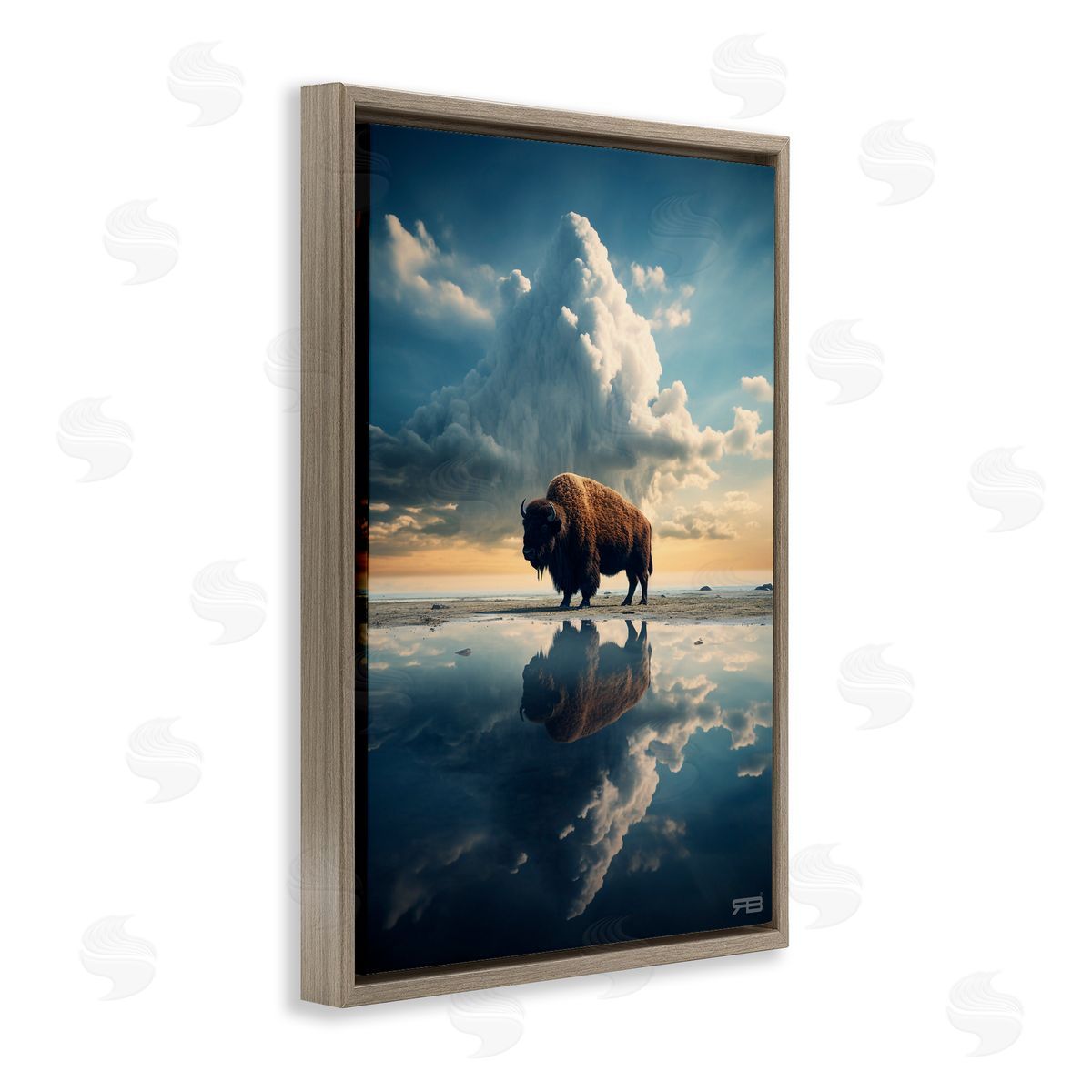 Bison and Reflective Clouds Brown Floating Frame Canvas Wall Art, Home Decor by Roozbeh Bahramali