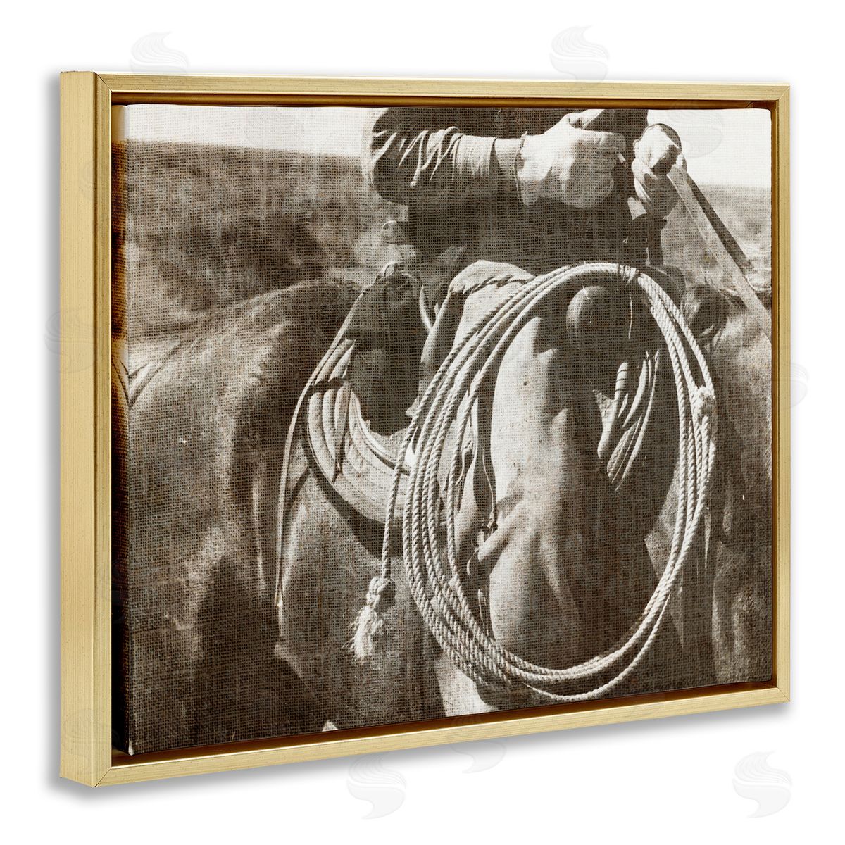 Cowboy with Lasso Gold Floating Frame Canvas Wall Art, Home Decor by RileyB