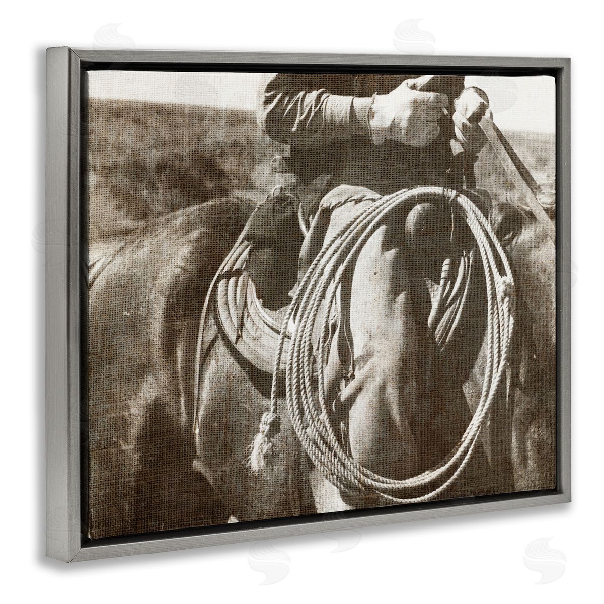 Cowboy with Lasso Grey Floating Frame Canvas Wall Art, Home Decor by RileyB