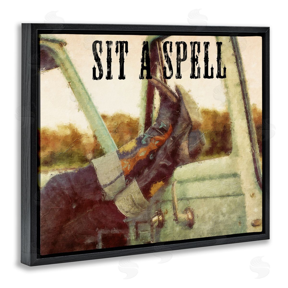 Sit A Spell Cowboy Black Floating Frame Canvas Wall Art, Home Decor by Sasha