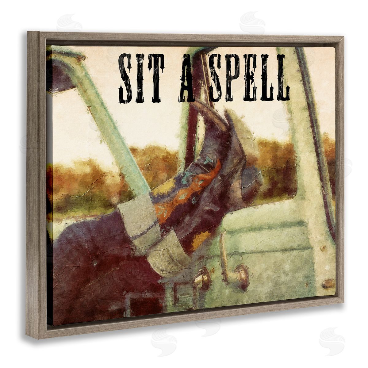 Sit A Spell Cowboy Brown Floating Frame Canvas Wall Art, Home Decor by Sasha