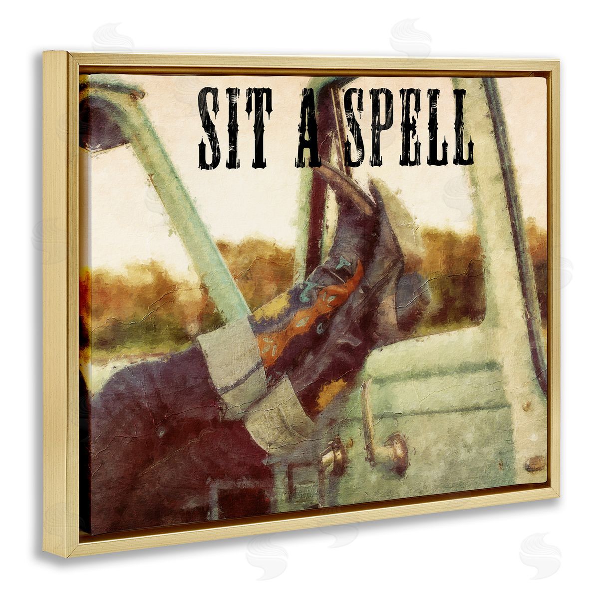 Sit A Spell Cowboy Gold Floating Frame Canvas Wall Art, Home Decor by Sasha