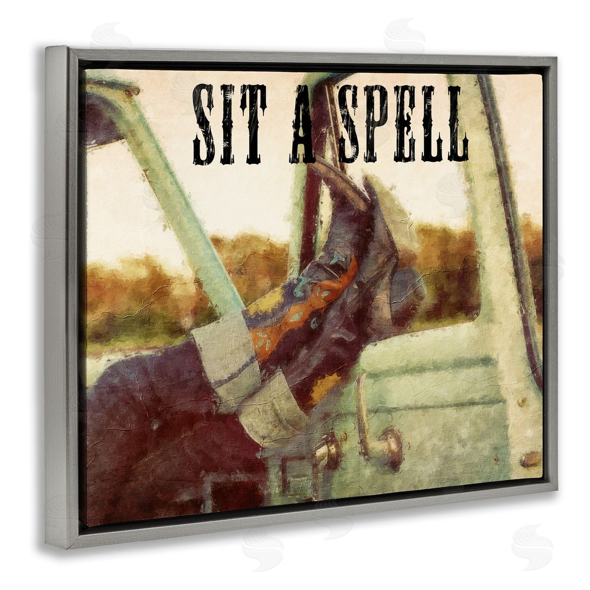 Sit A Spell Cowboy Grey Floating Frame Canvas Wall Art, Home Decor by Sasha