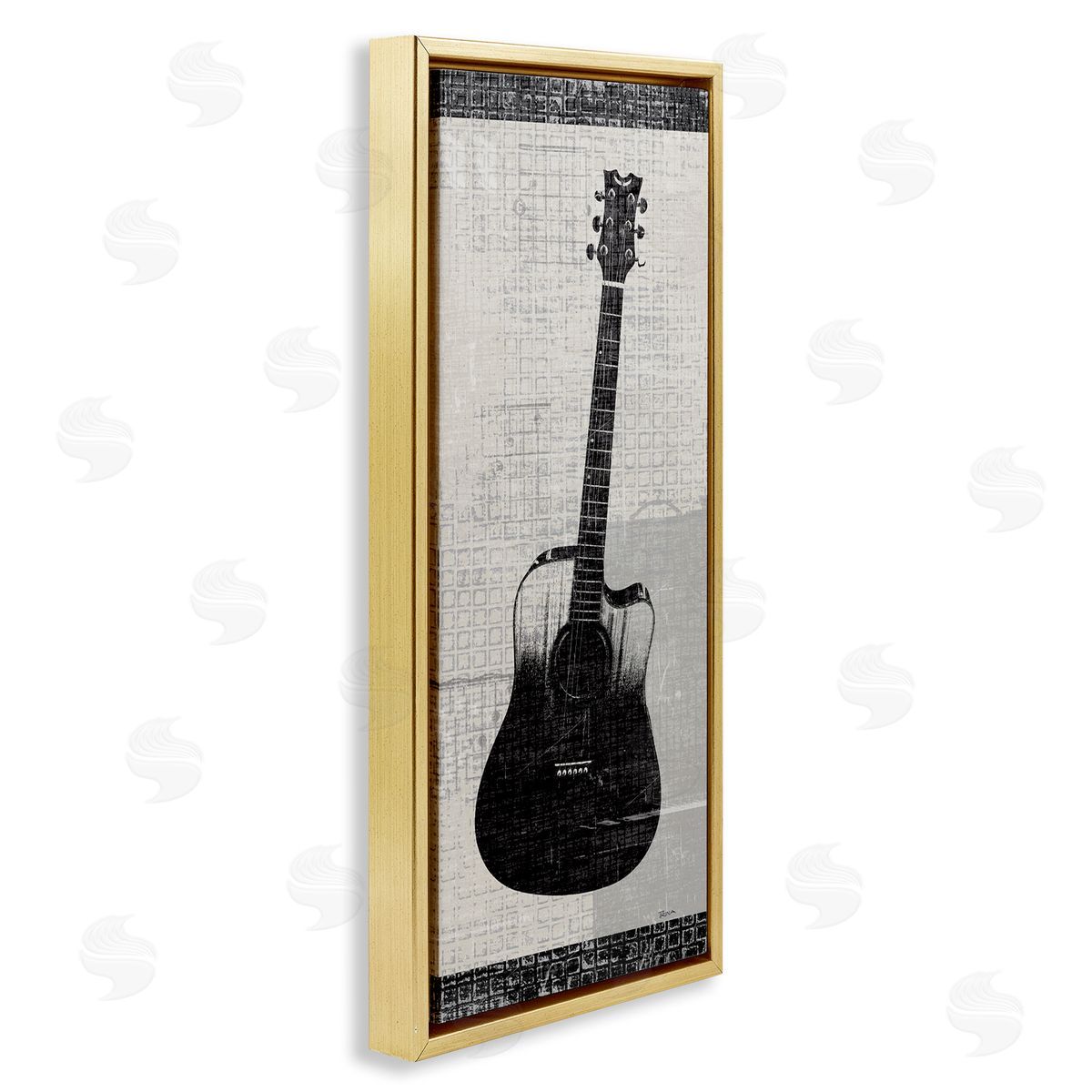 Patterned Acoustic Guitar Gold Floating Frame Canvas Wall Art, Home Decor by Katrina Craven