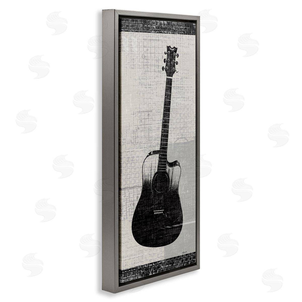 Patterned Acoustic Guitar Grey Floating Frame Canvas Wall Art, Home Decor by Katrina Craven