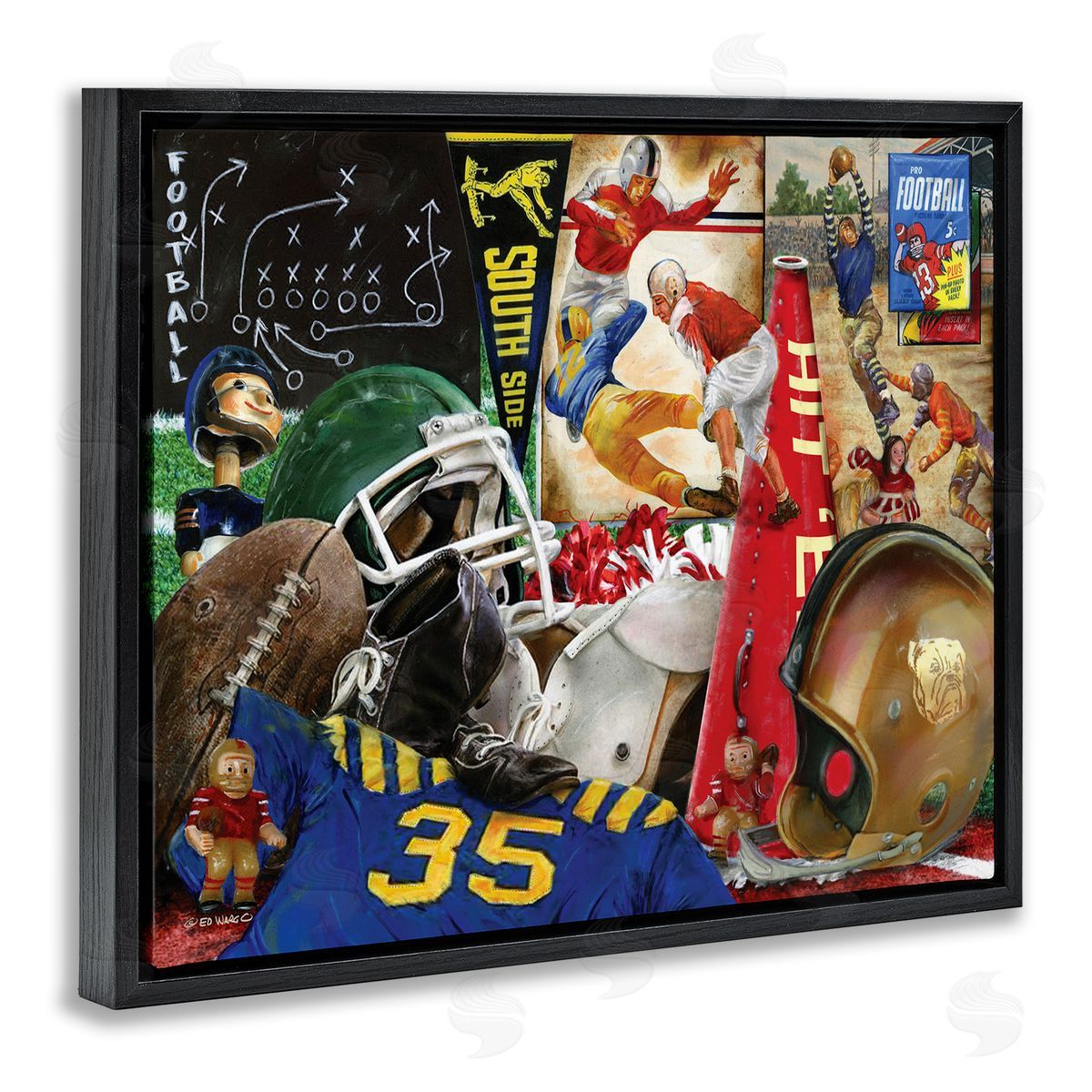 Football Sports Collage Black Floating Frame Canvas Wall Art, Home Decor by Ed Wargo