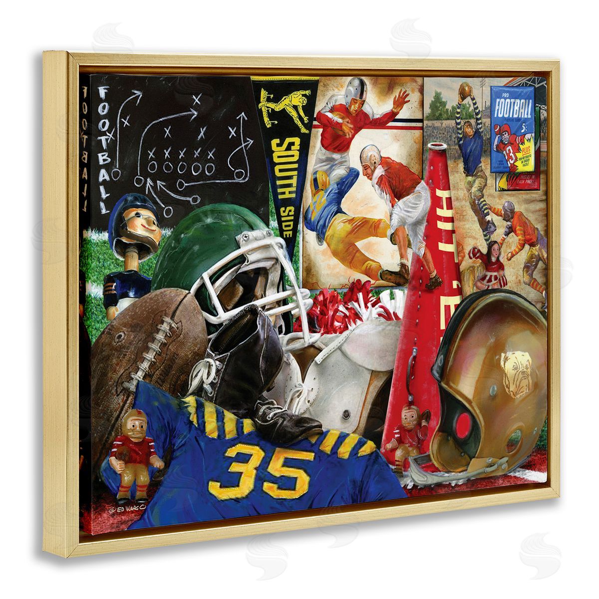 Football Sports Collage Gold Floating Frame Canvas Wall Art, Home Decor by Ed Wargo