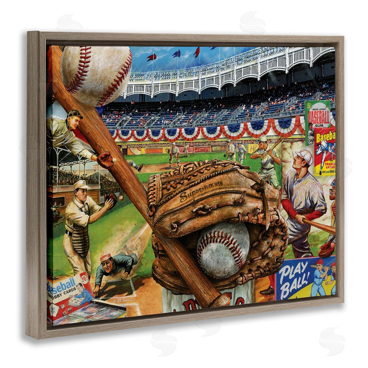 Baseball Sports Collage Brown Floating Frame Canvas Wall Art, Home Decor by Ed Wargo