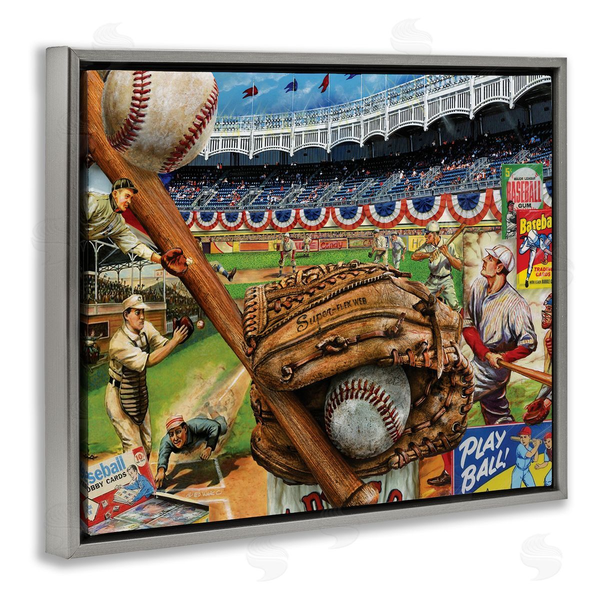 Baseball Sports Collage Grey Floating Frame Canvas Wall Art, Home Decor by Ed Wargo