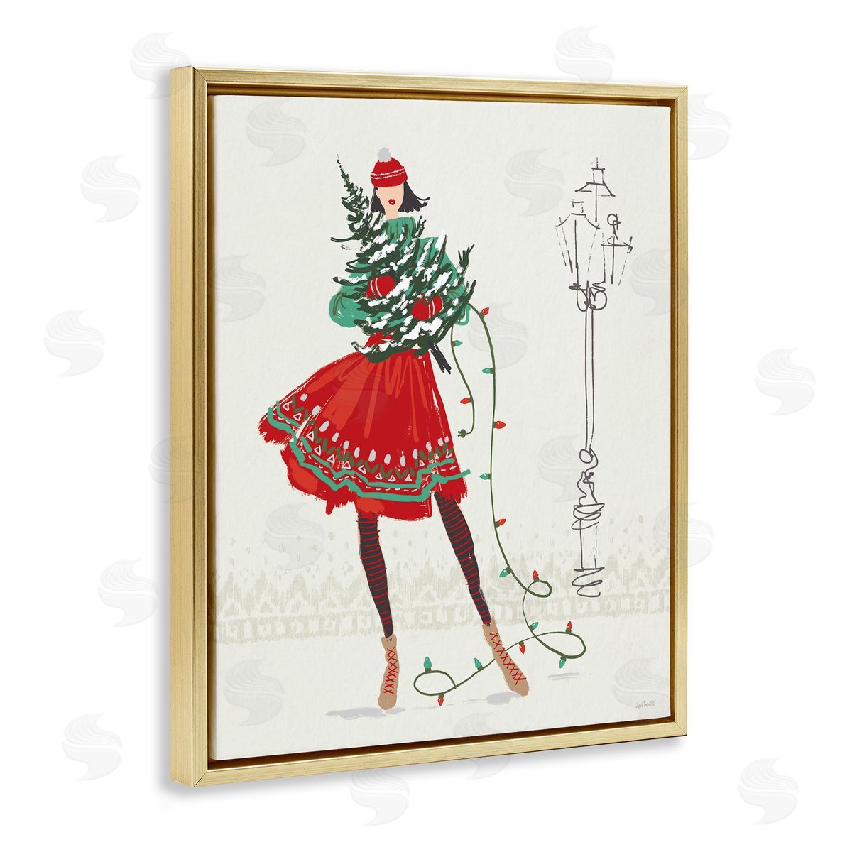 Festive Fashion Girl Gold Floating Frame Canvas Wall Art, Home Decor by Anne Tavoletti