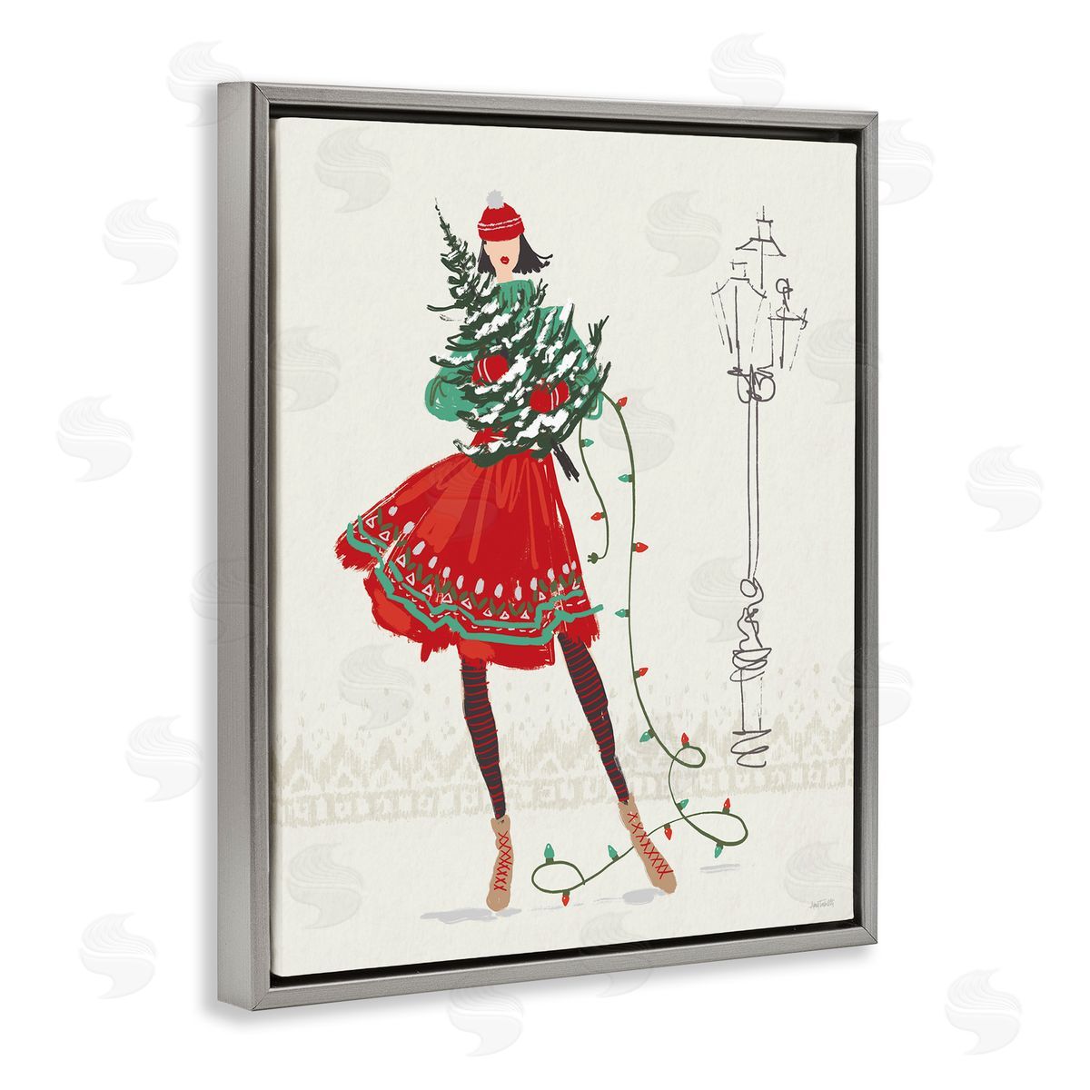 Festive Fashion Girl Grey Floating Frame Canvas Wall Art, Home Decor by Anne Tavoletti