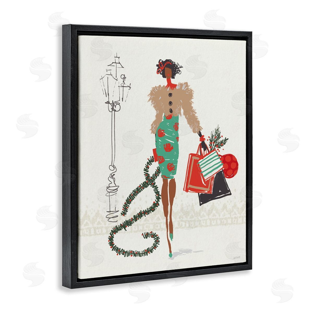 Festive Shopping Girl Black Floating Frame Canvas Wall Art, Home Decor by Anne Tavoletti
