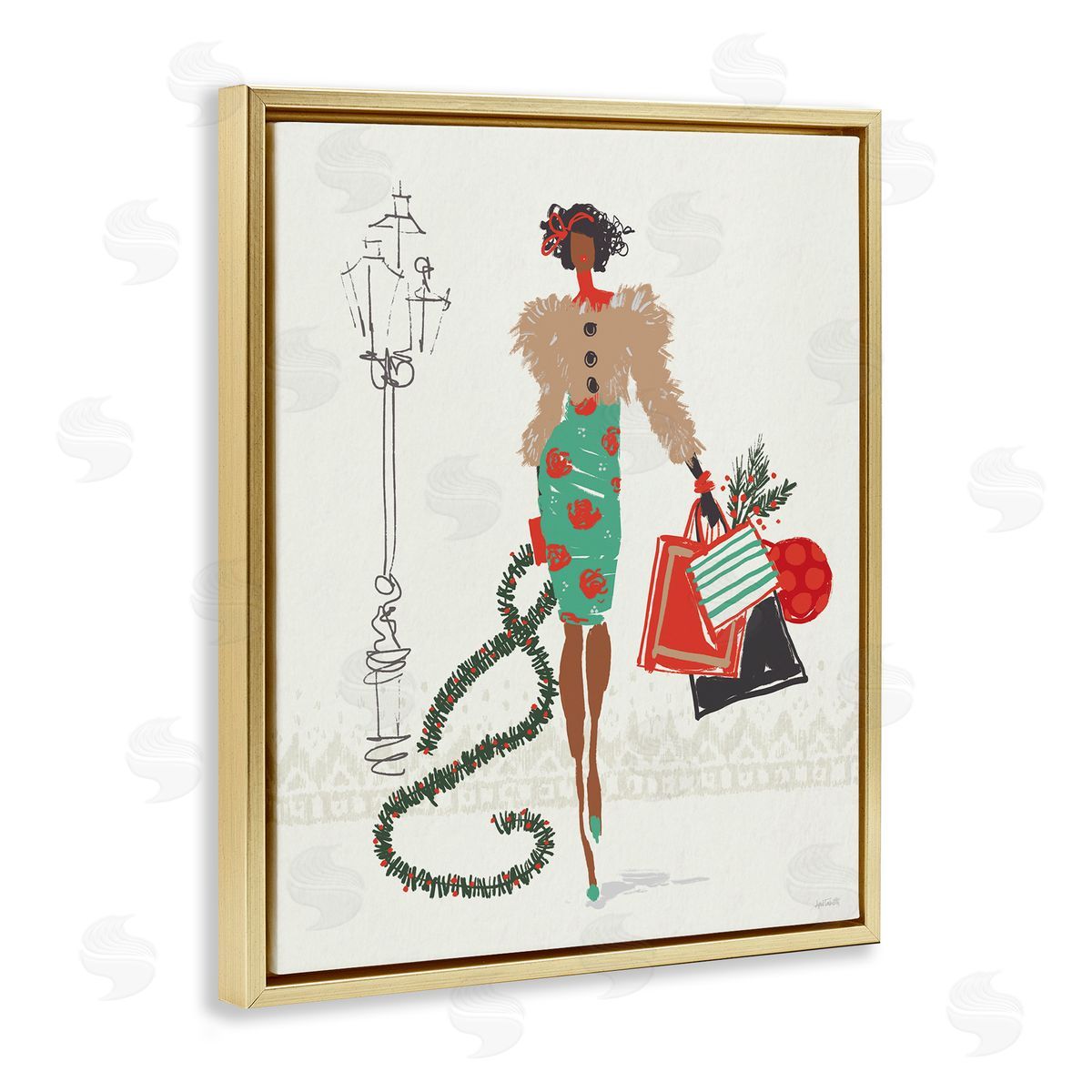 Festive Shopping Girl Gold Floating Frame Canvas Wall Art, Home Decor by Anne Tavoletti