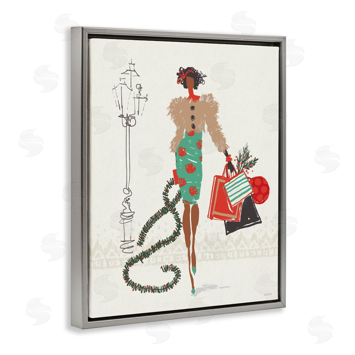 Festive Shopping Girl Grey Floating Frame Canvas Wall Art, Home Decor by Anne Tavoletti