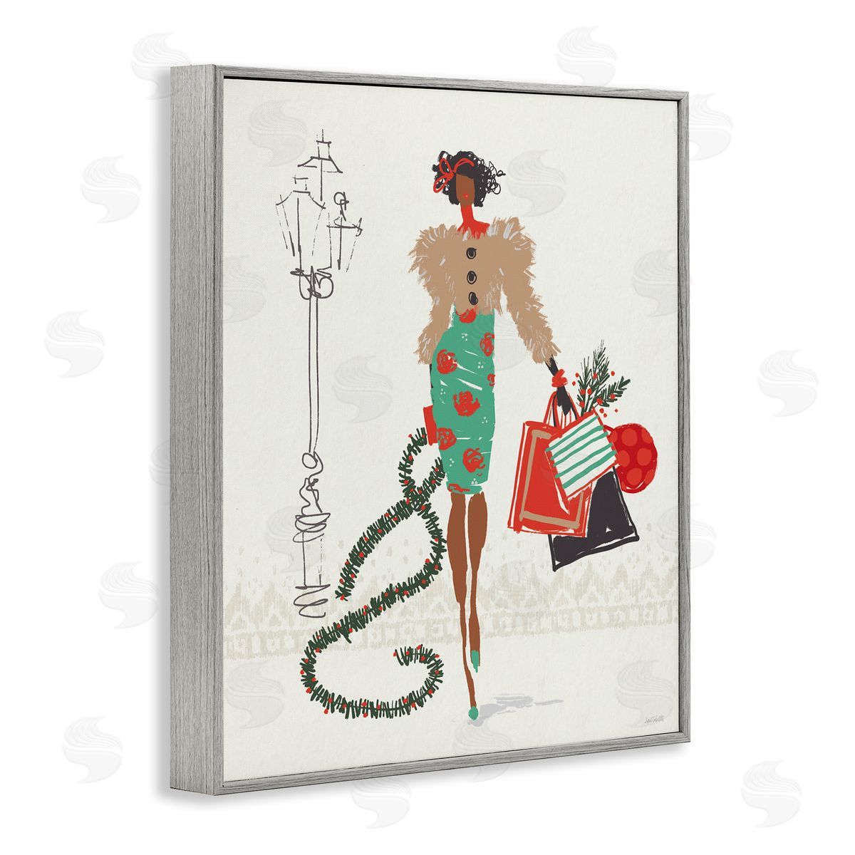 Festive Shopping Girl Grey Frame Print Wall Art, Home Decor by Anne Tavoletti