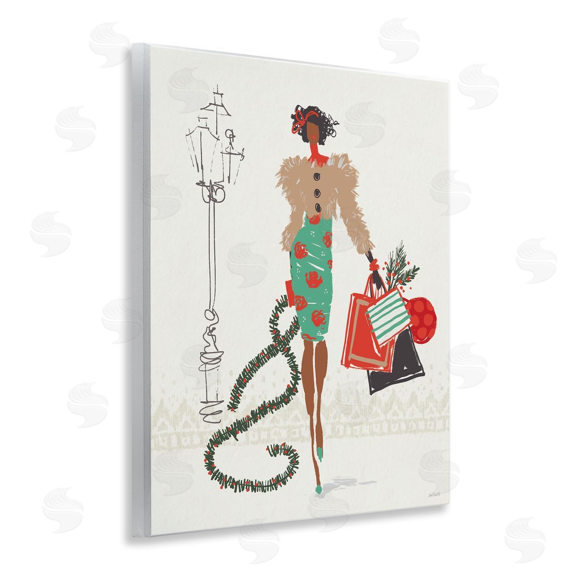 Festive Shopping Girl Wood Plaque Wall Art, Home Decor by Anne Tavoletti