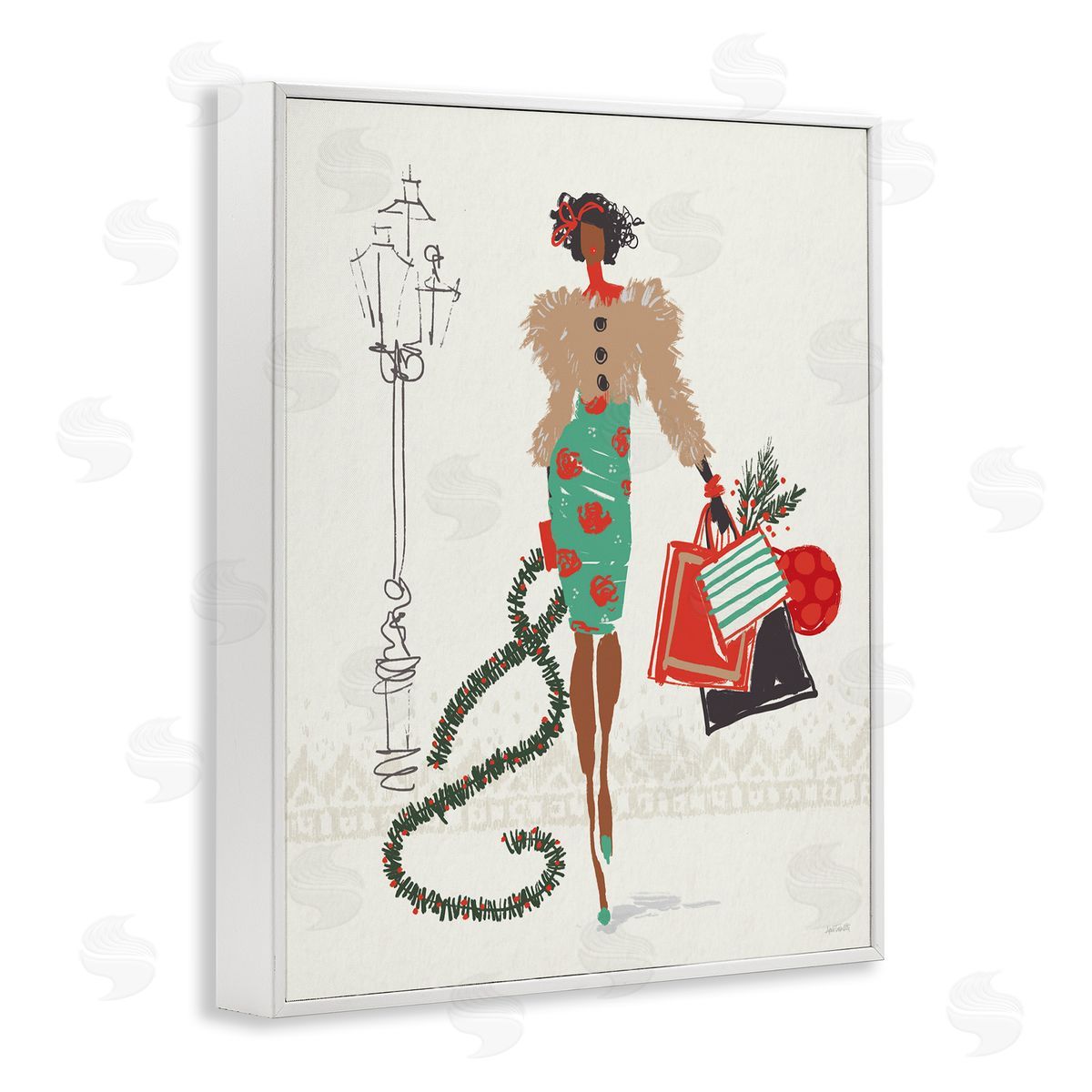 Festive Shopping Girl White Frame Print Wall Art, Home Decor by Anne Tavoletti