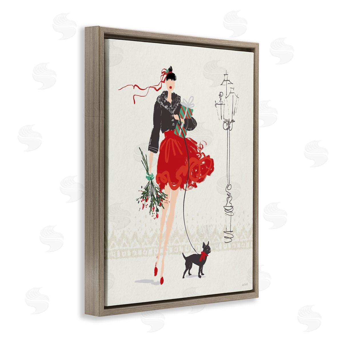 Holiday Fashionista Girl Brown Floating Frame Canvas Wall Art, Home Decor by Anne Tavoletti