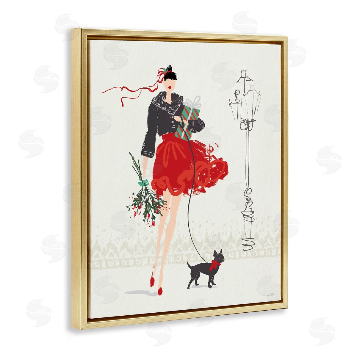 Holiday Fashionista Girl Gold Floating Frame Canvas Wall Art, Home Decor by Anne Tavoletti