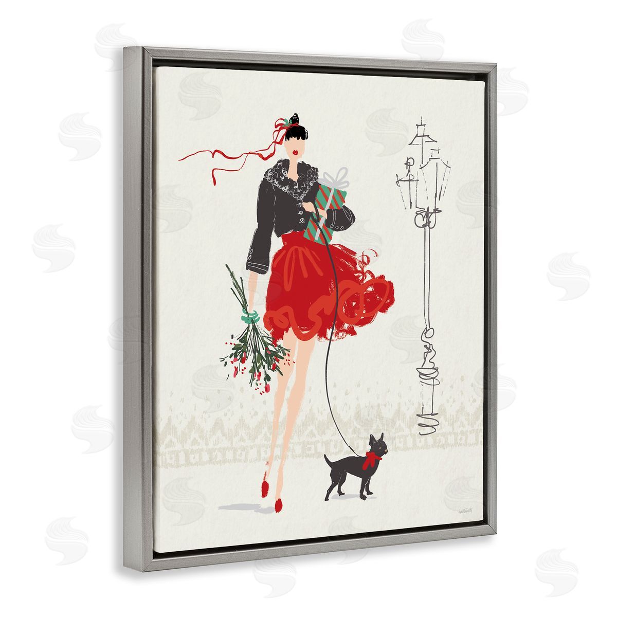 Holiday Fashionista Girl Grey Floating Frame Canvas Wall Art, Home Decor by Anne Tavoletti
