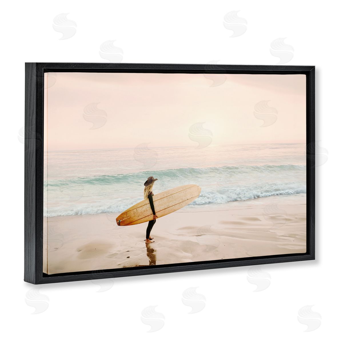 Surfer Cowgirl on Beach Black Floating Frame Canvas Wall Art, Home Decor by Sisi and Seb