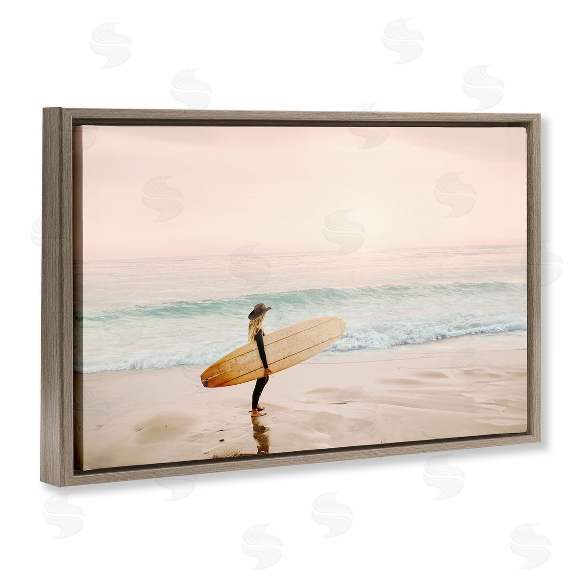 Surfer Cowgirl on Beach Brown Floating Frame Canvas Wall Art, Home Decor by Sisi and Seb