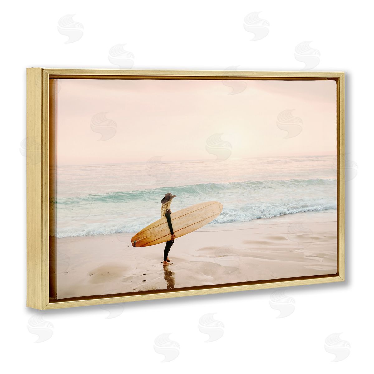 Surfer Cowgirl on Beach Gold Floating Frame Canvas Wall Art, Home Decor by Sisi and Seb