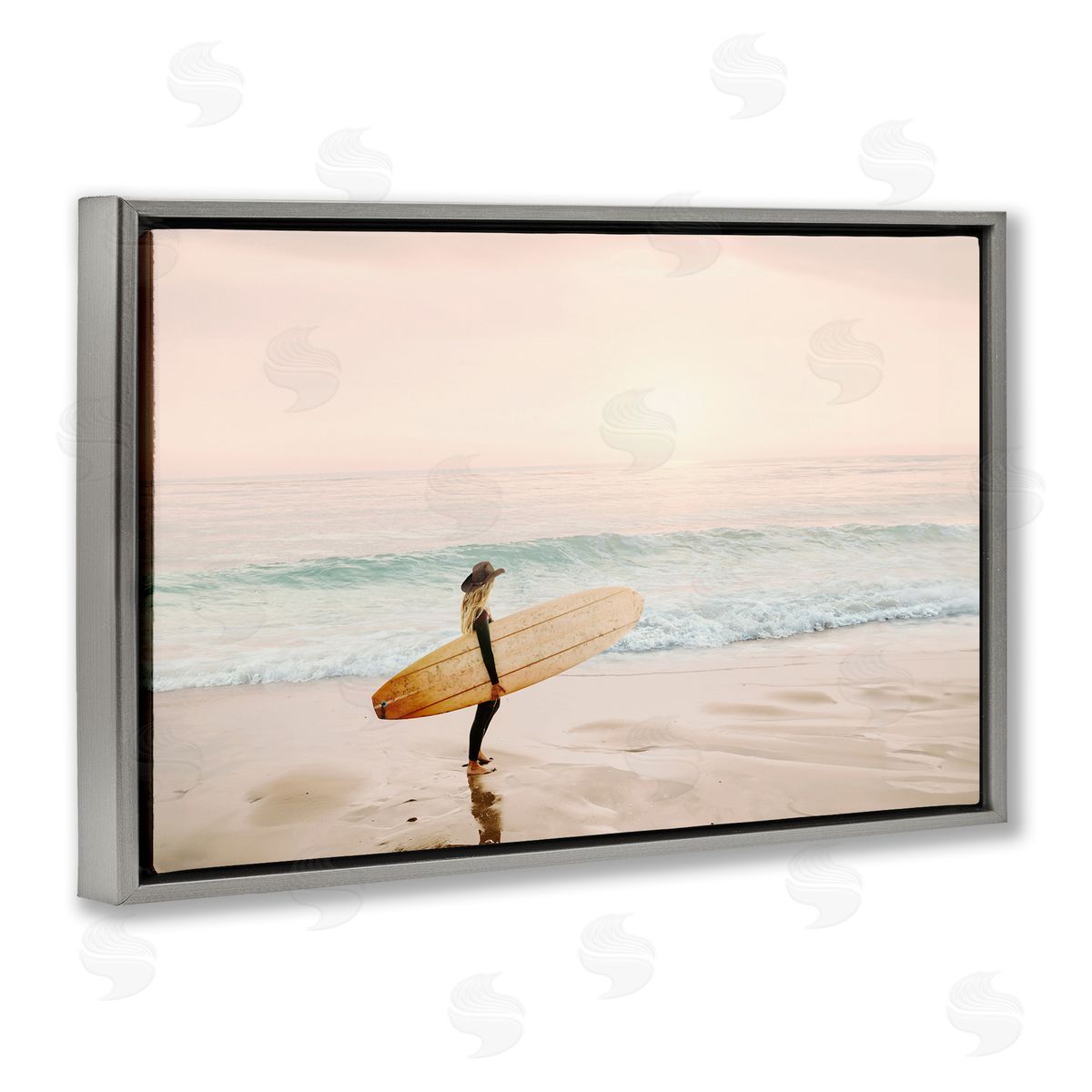Surfer Cowgirl on Beach Grey Floating Frame Canvas Wall Art, Home Decor by Sisi and Seb