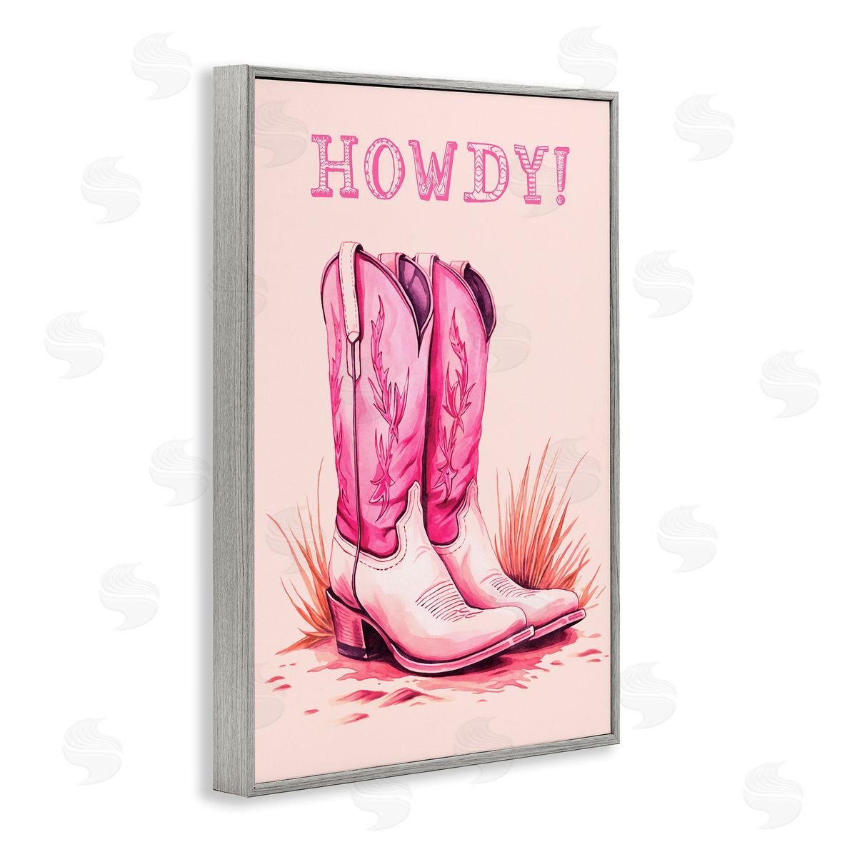 Pink Cowgirl Boots Howdy Grey Frame Print Wall Art, Home Decor by Andrea Haase