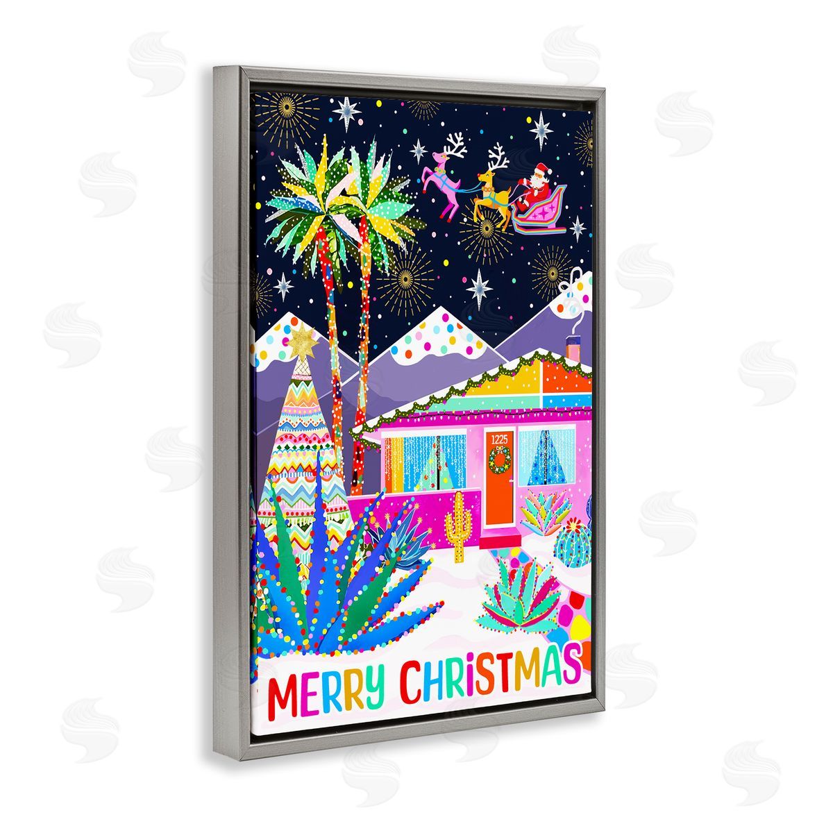 Whimsical Desert Christmas Grey Floating Frame Canvas Wall Art, Home Decor by Jess Stempel
